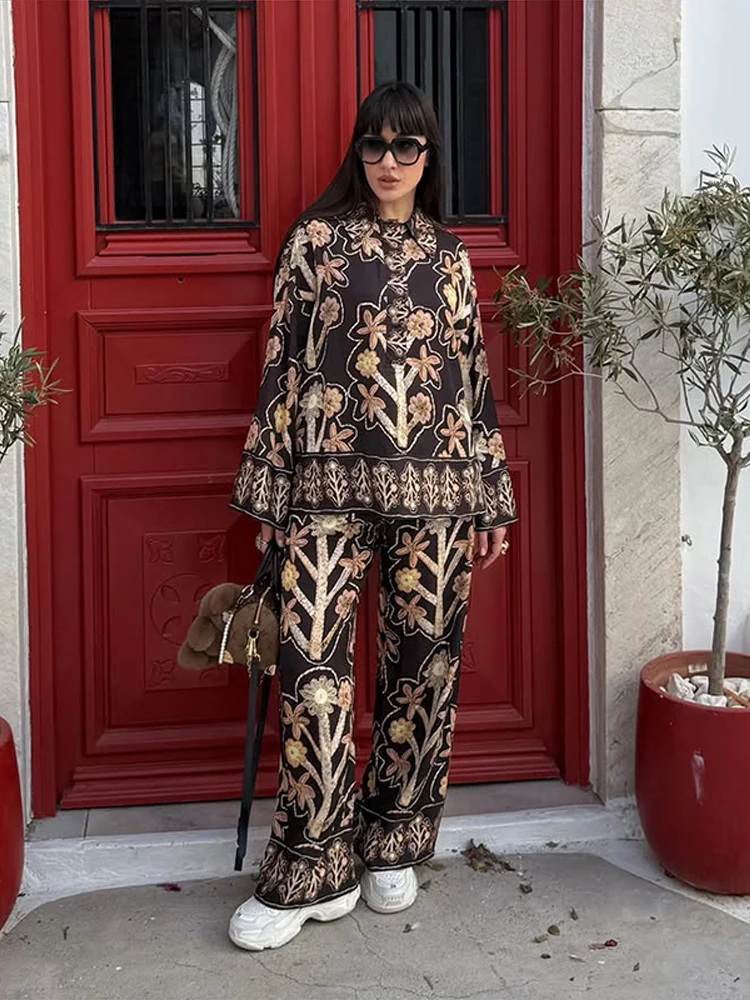 Bedruckte Oversize-Hemd- und Hosen-Sets für Damen: Streetwear mit Revers, Langarm, Einreiher, lockere Blusen-Tops und weite Hosen – Neues Outfit – Detail 16