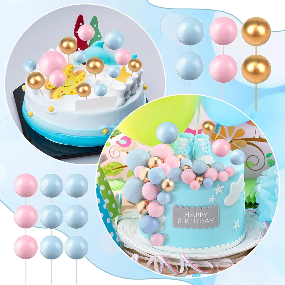 20Pcs Balls Cake Topper Pink Blue Gold Cake Balls Baking Decoration Birthday Wedding Anniversary Cake Picks Insert Toppers Decor