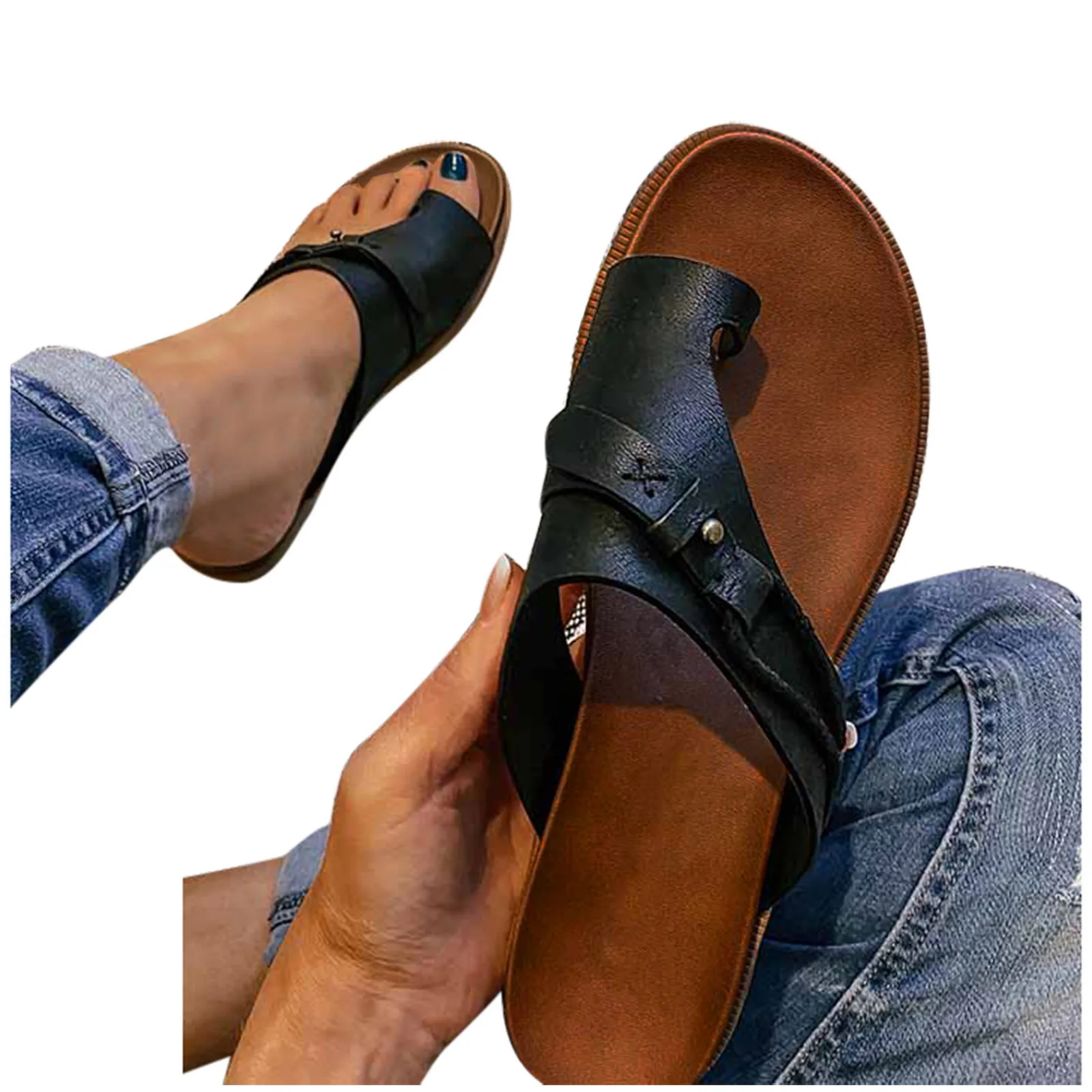 Women's Fashion Casual Ring Toe Wedges Leather Slippers Clip Toe Sandals Female Outdoor Shoes Summer Shoes Zapatos Plus Size