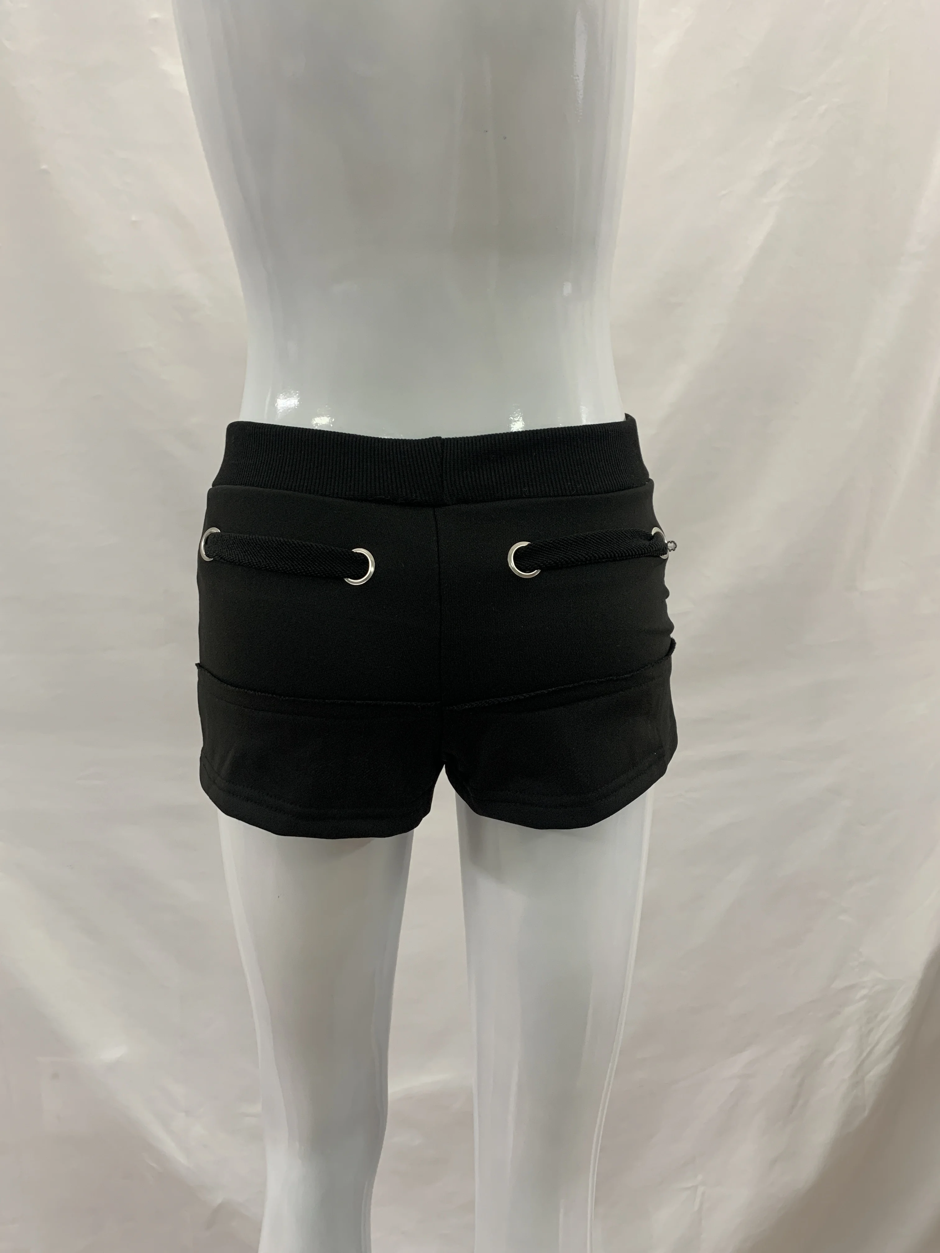 Metallösen-Hotpants mit Kordelzug und Fransen für Damen, Y2K-Stil, einfarbig, niedrige Taille, seitliche Reißverschlusstaschen, eng anliegende Street-Shorts – Detail 11