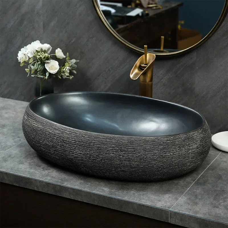 Modern Art Bathroom Sink Ceramic Countertop Basin Creative Retro Bathroom Washbasin  Balcony Kitchen Wash basin Single Basin A