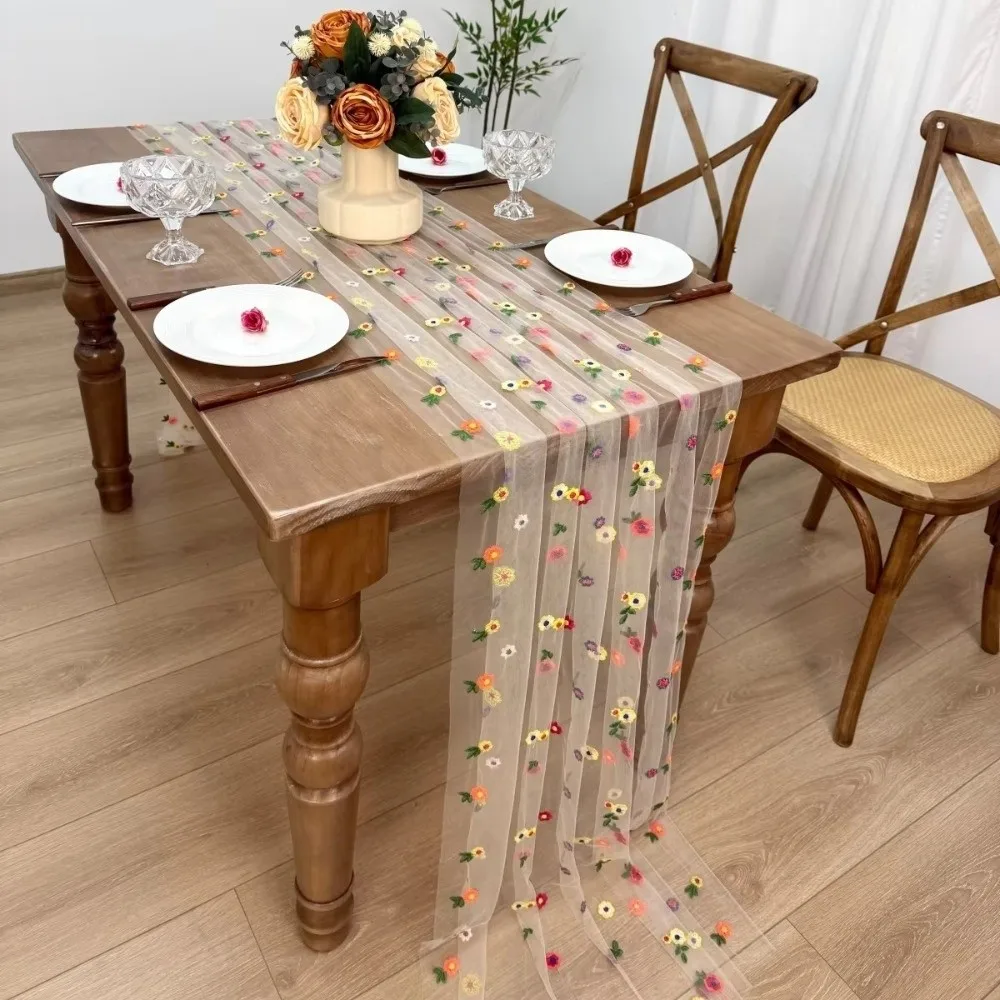 Vintage Embroidery Daisy Table Runner Boho Semi-Transparent Floral Tablecloth Long Easy To Clean Colorful Table Cover