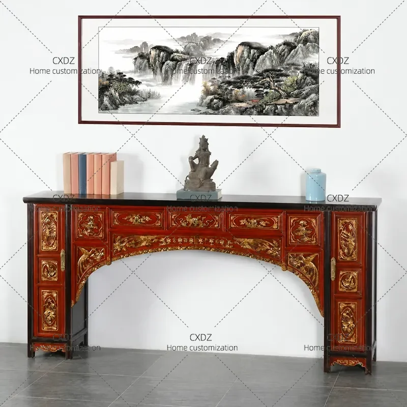 Chinese Classical Antique Gold Lacquer Wood Carving Porch Table Nostalgic Retro Entryway Console Table Buddhist Altar Stand