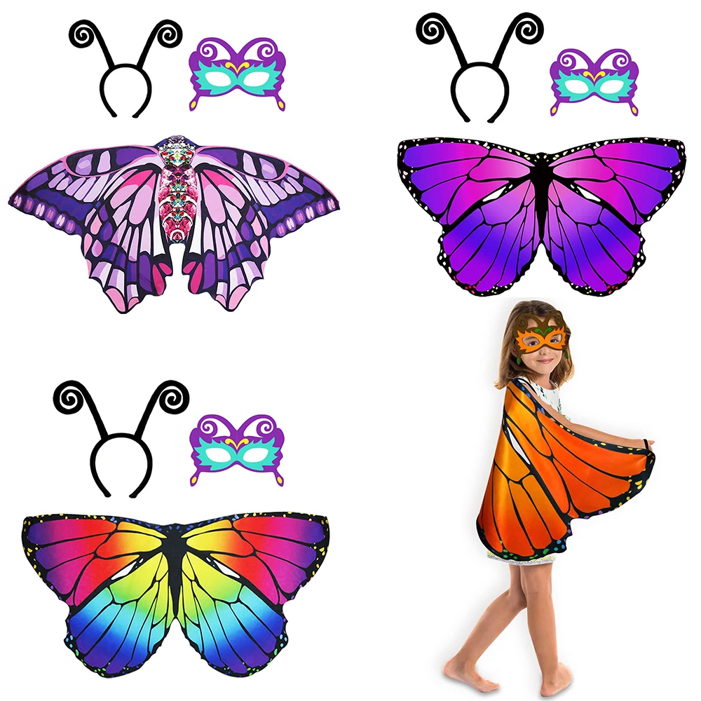 Fairy Angel Wings com impressão 3D para crianças, fantasia de capa, asas de borboleta, antena, bandana, máscara para meninas, festa de Halloween, 3PCs