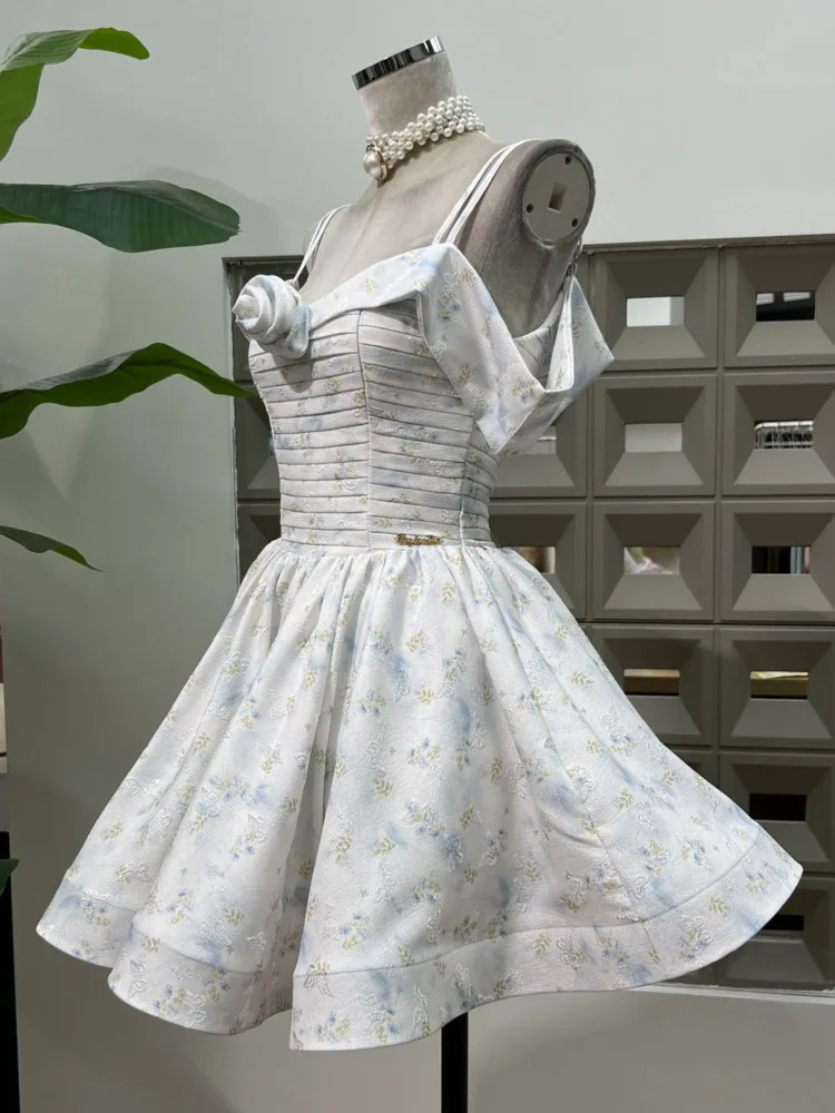 DFDG 2025 Resort Women’s Off Shoulder Floral Flounce Dress Elegant Smocked Waist Vacation Wear Spring Summer Fashion Dress