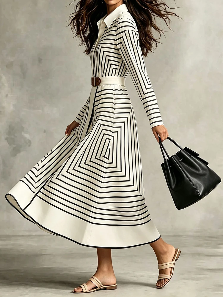 Long Sleeve Party Dress Buttons Simple Printing Fashion Ladies Dress Autumn Women's Elegant Turn Down Collar Maxi Dress Vestido - view 3
