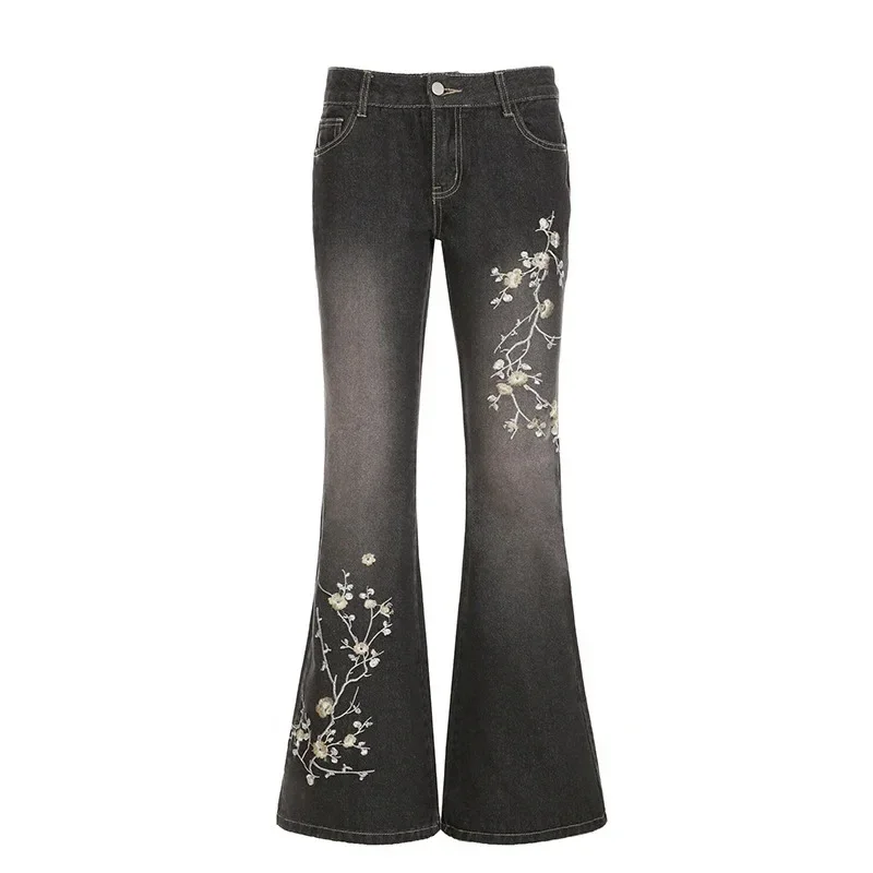 Y2k Denim Fared Jeans Women Low Rise Straight Full-length Jean Embroidery High Street Casual Dragging Fashion Pants Chic Flower