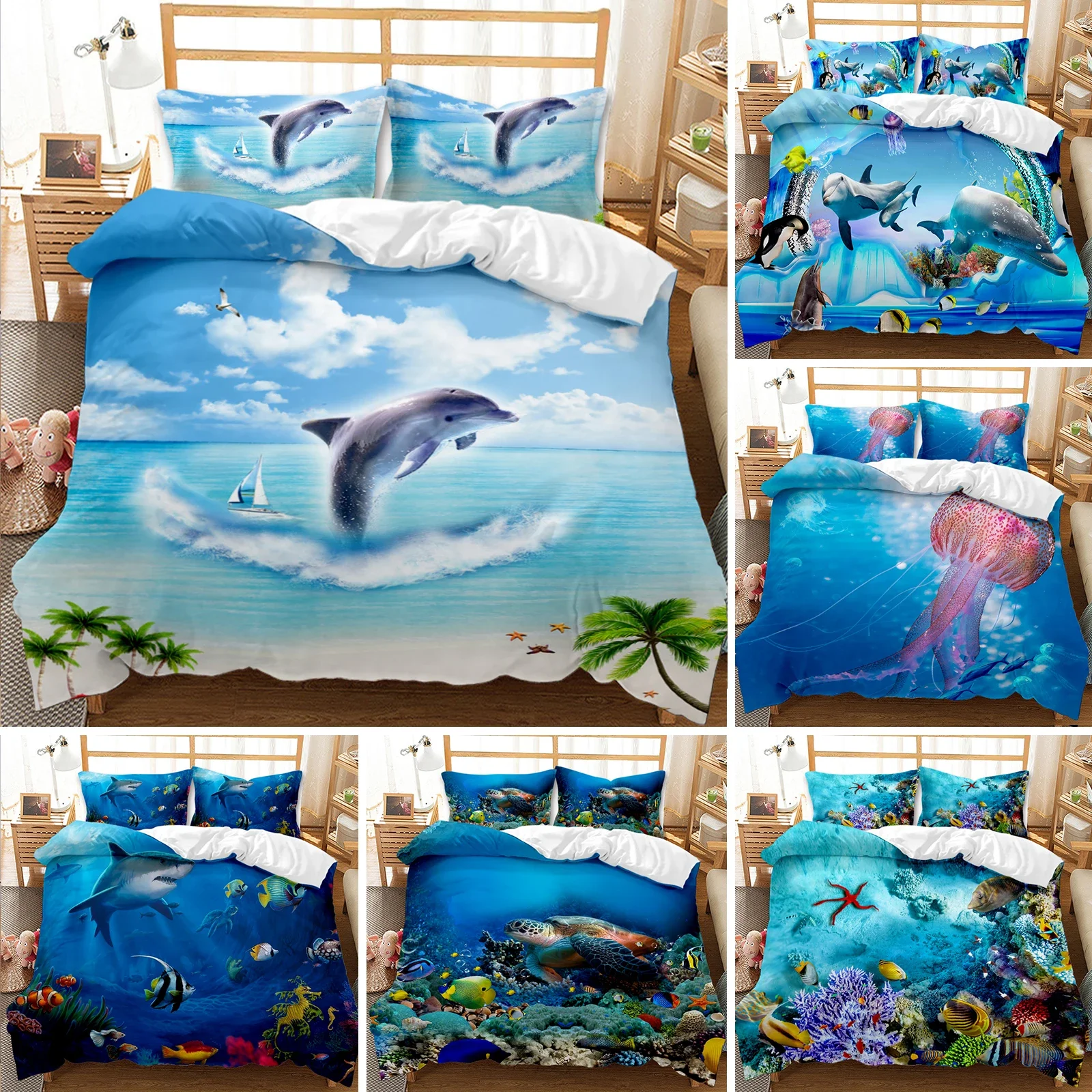 

Shark Bedding Set King Size for Girl Boys Tropical Marine Life Ocean Fish Sea Turtle Rainbow Color Coral Polyester Duvet Cover