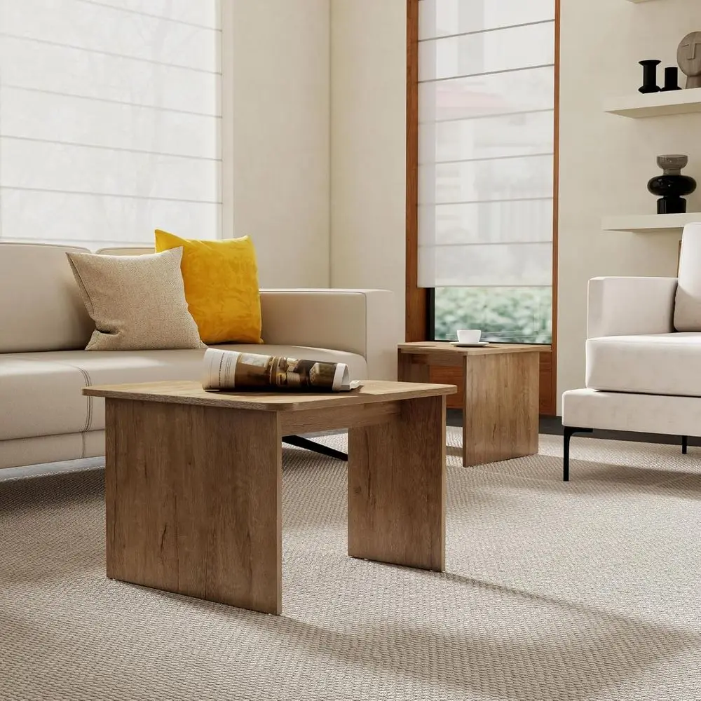 مجموعة طاولة القهوة المتداخلة الحديثة مكونة من 2، طاولة قهوة مربعة خشبية طبيعية على شكل حرف L لغرفة المعيشة، طاولة نهاية طاولة مركزية صغيرة Se #6