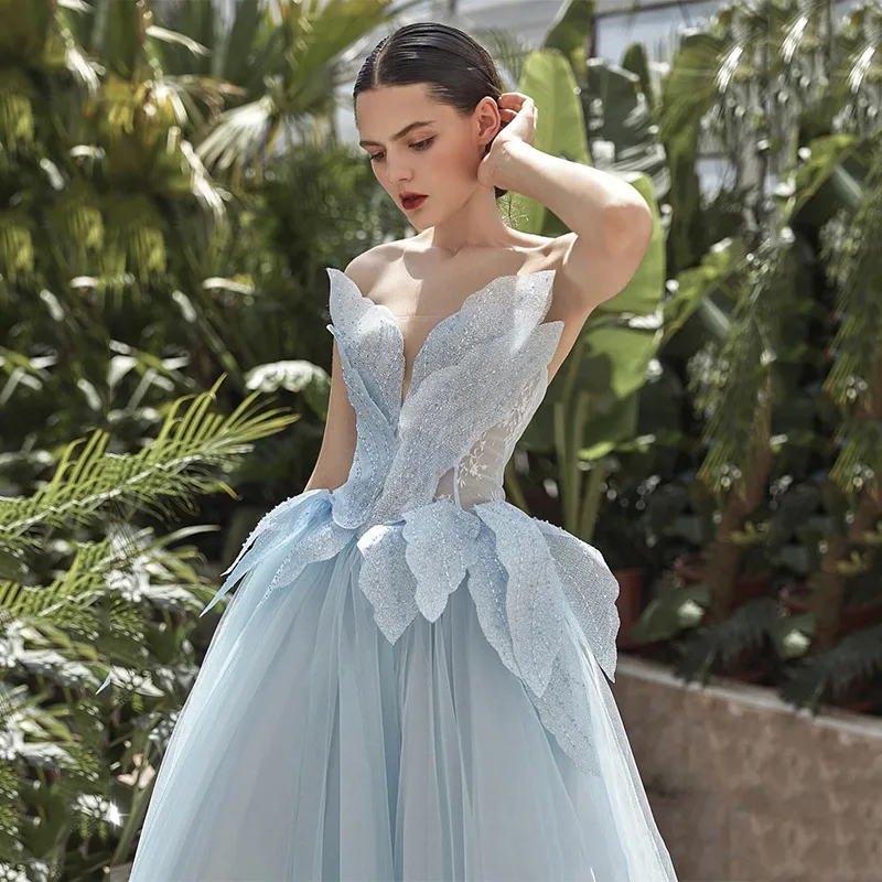 Blue Prom Evening Dresses Elegant Star Beaded Super Fairy Puffy Slim Sheath Model Runway Show Formal Occasion Bridesmaid Costume