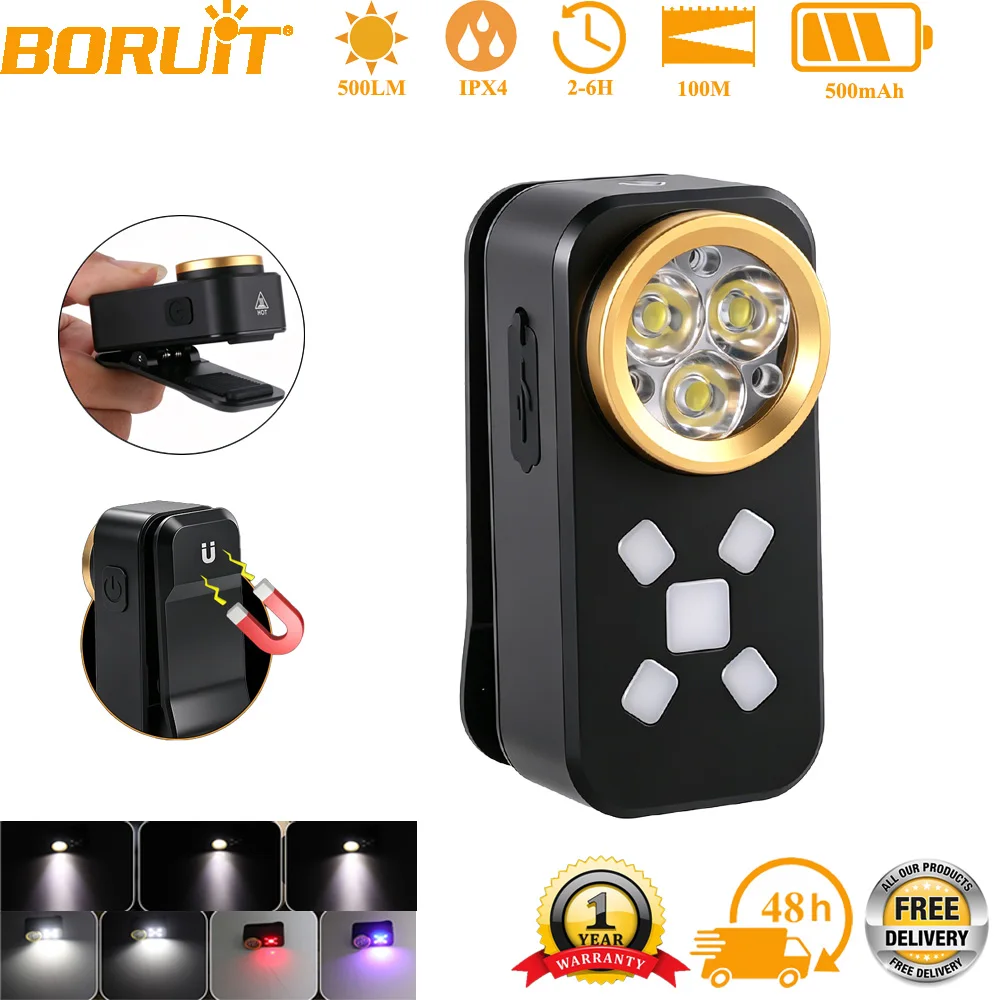 

Мини-фонарик BORUiT с клипсой, 500 лм, красный, синий и белый свет, рабочий фонарь, перезаряжаемый, с магнитом, из алюминиевого сплава, портативный.