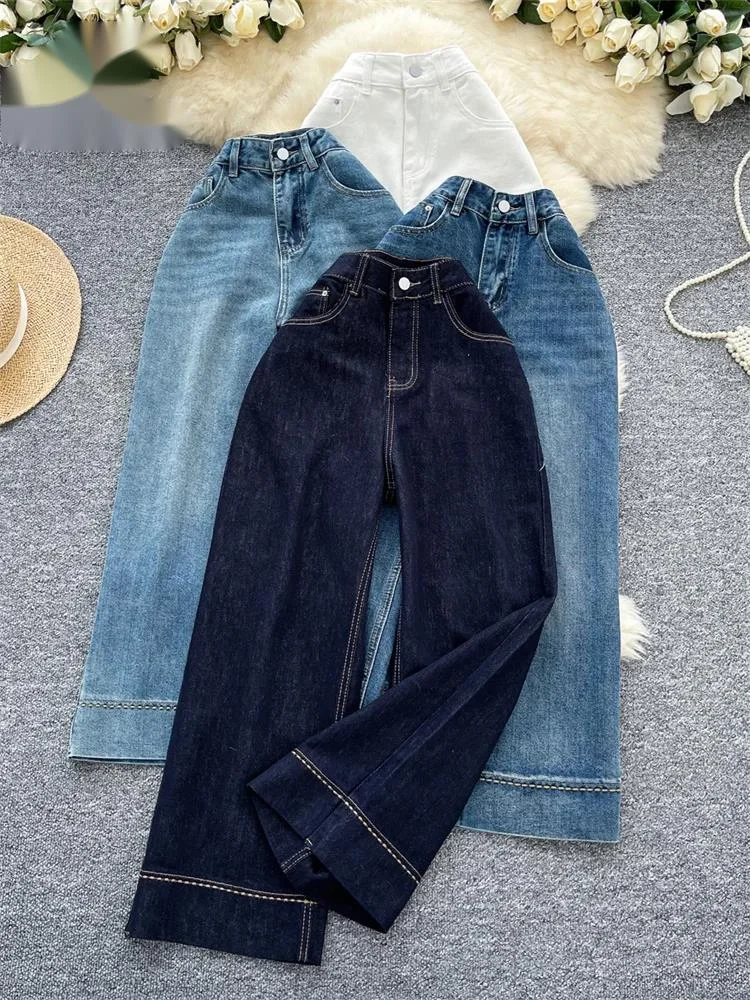 

Original Design Women Denim Pants High Waist Zipper Casual Solid Trousers New Fashion American Retro Wide Legs Jeans