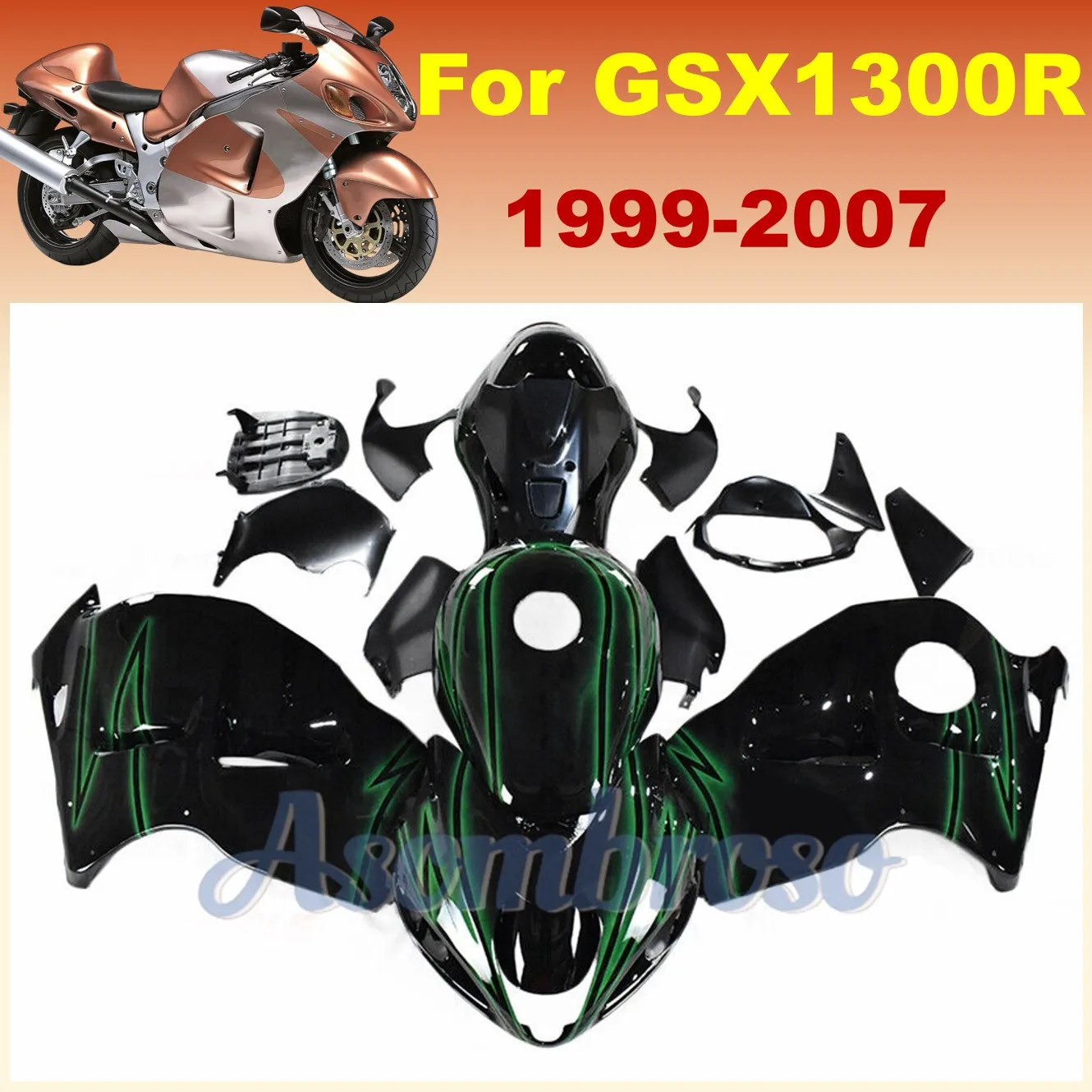 Full Fit for Suzuki GSX1300R 1999 To 2007 Hayabusa Motorcycle Fairing Kit ABS Plastic Green Black Bodywork gsxr1300 06 05 00