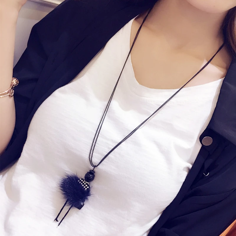 2026 Hot Fashion Doll Girl Dancing Charms Necklace Soft Mink Fur Black Long Beads Chain Womens Birthday Party Jewelry