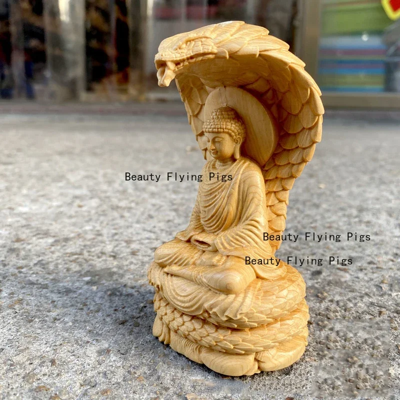 1PC Snake Buddha Statue Cliff Cypress Wood Carving Snake Protecting Figurine Buddha Living Room Ornaments Home Interior Decor