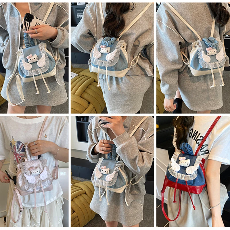 

PU Hello Kittys Backpack Girl Autumn Fashion Ins Cute Lace Packet Student Bags for Woman Anime Figure Kawaii Cartoon