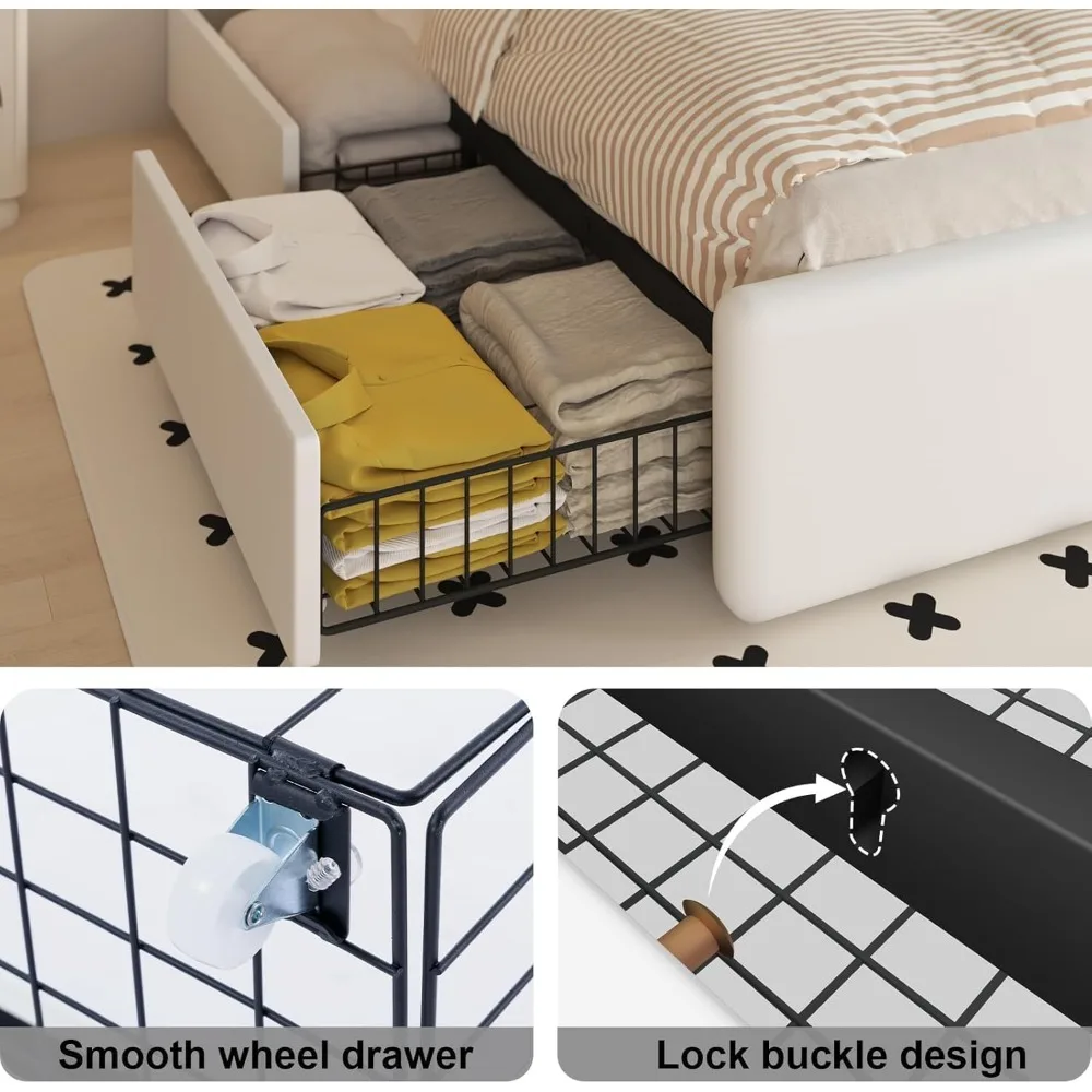 Estrutura de cama queen com 4 gavetas de armazenamento e cabeceira ajustável, cama LED com plataforma estofada com portas tipo C e USB, madeira maciça