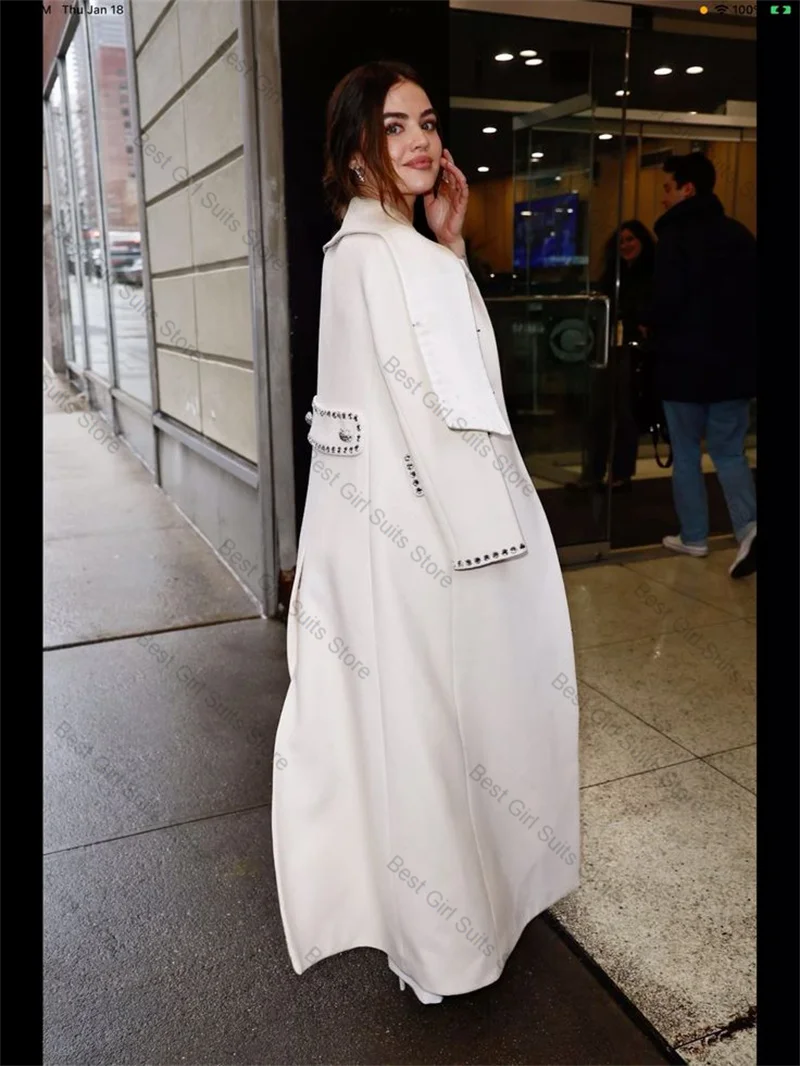 الصوف الأبيض الكشمير المرأة البدلة 1 قطعة السترة فستان حفلة موسيقية طويل بلورات مطرز مكتب رسمي سترة مخصصة معطف الزفاف الضيوف #3