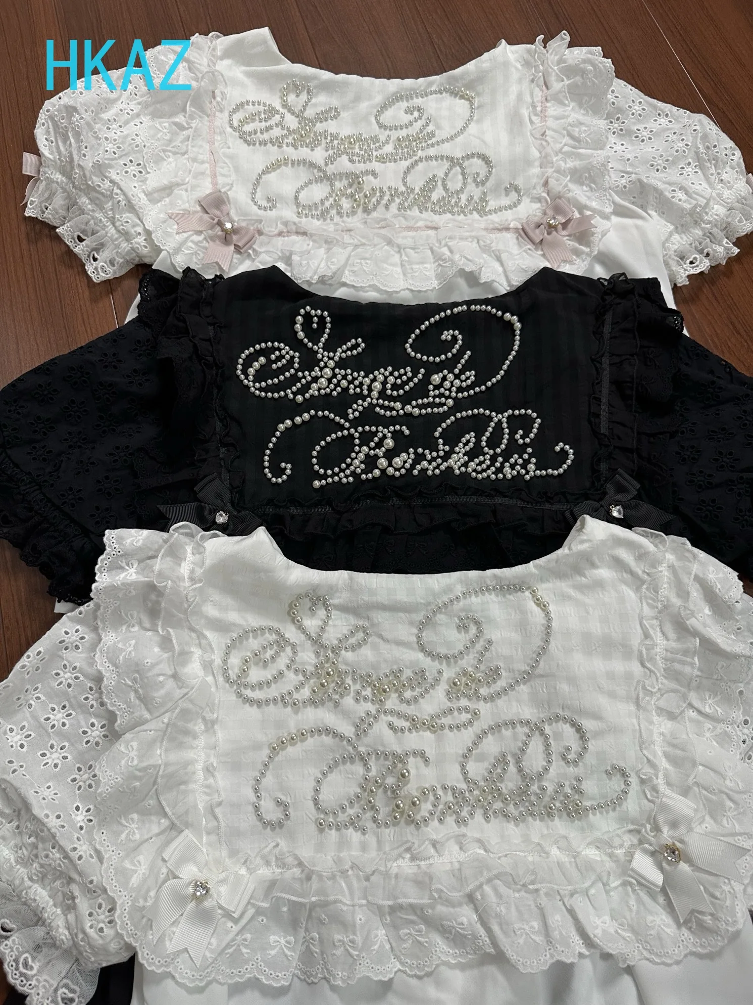 Sweet and Cute Girls Bow Tops Japanese Summer White Shirt Lolita Pearl Camisas Navy Neck Embroidered Short-sleeved Blouse