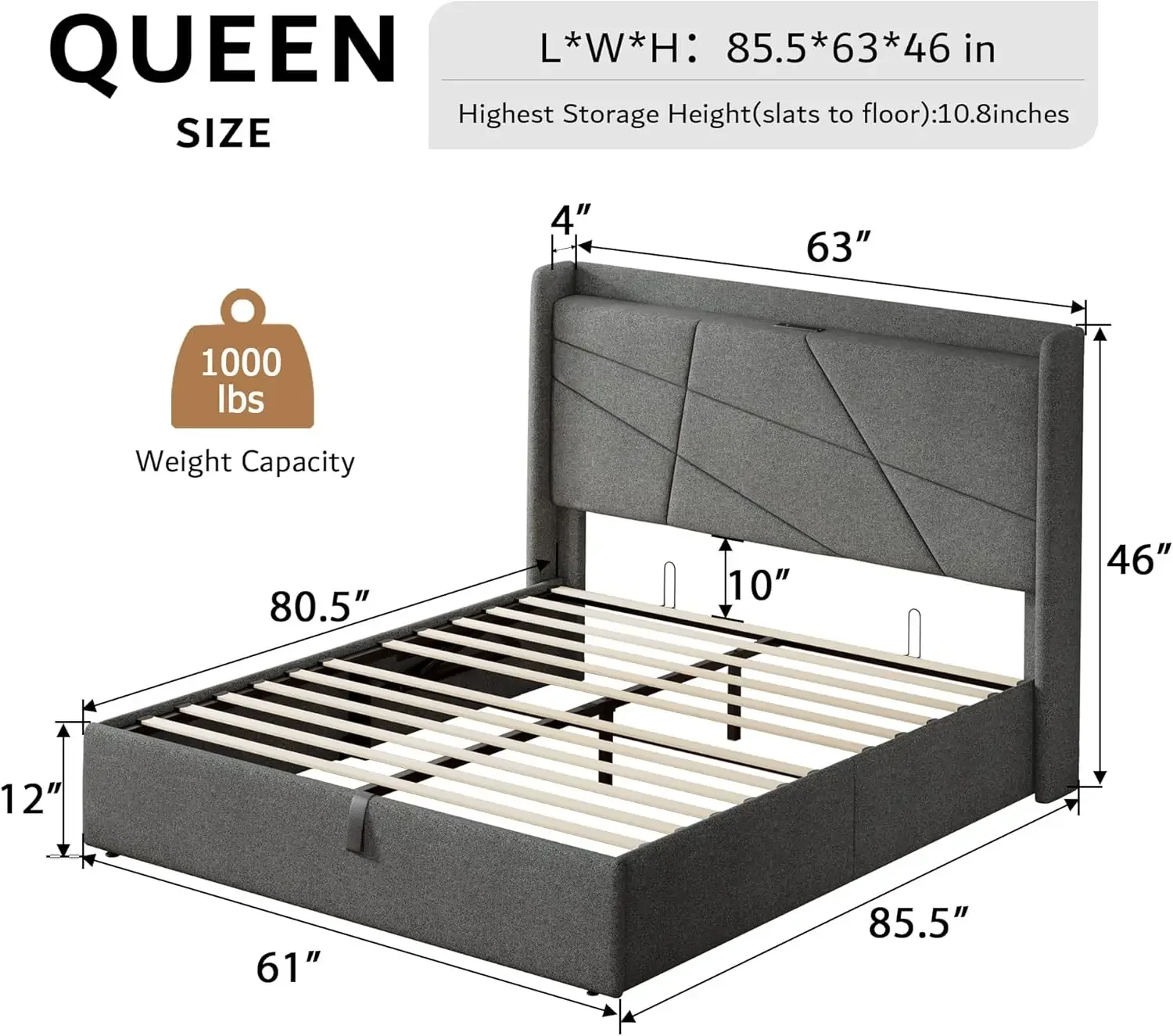 Telaio letto contenitore sollevabile Queen Size con stazione di ricarica, struttura letto con piattaforma imbottita con testiera, contenitore idraulico