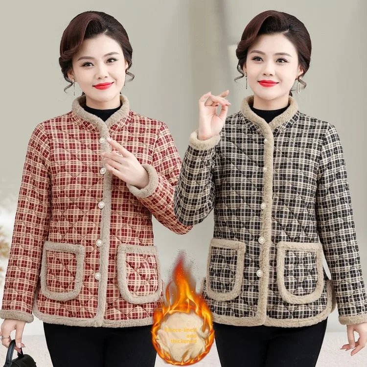 

Winter Thiened Fce Lined Cotton Jaet for Middle Aged And ly Women Mommy Warm Plaid Stand Collar Outerwear