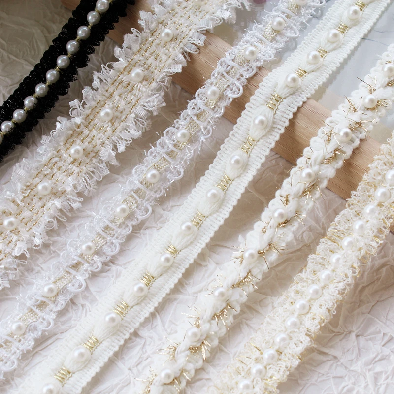 Tulle Lace Fabric Trim Ribbon, White Gold Flower Beads, Ruffle Applique, Collar, Dubai Dress, Guipure Decor, DIY Sewing