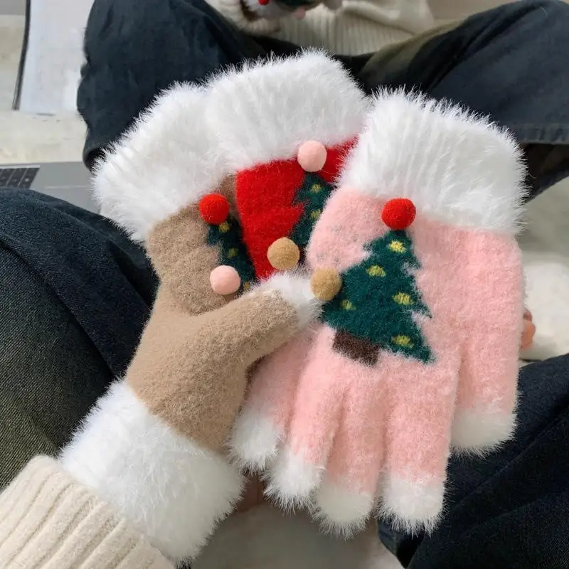 Fluffy Fur Women's Christmas Gloves Winter Warm Thick Touchscreen Cycling Student Gift Snowflake Tree Design