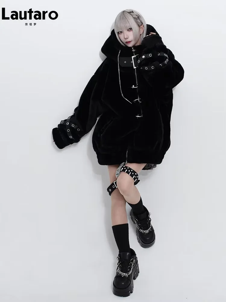 Lautaro Autumn Winter Thick Warm Faux Fur Coat Women with Hood Zipper Luxury Japanese Style Punk Harajuku Fluffy Jacket 2026