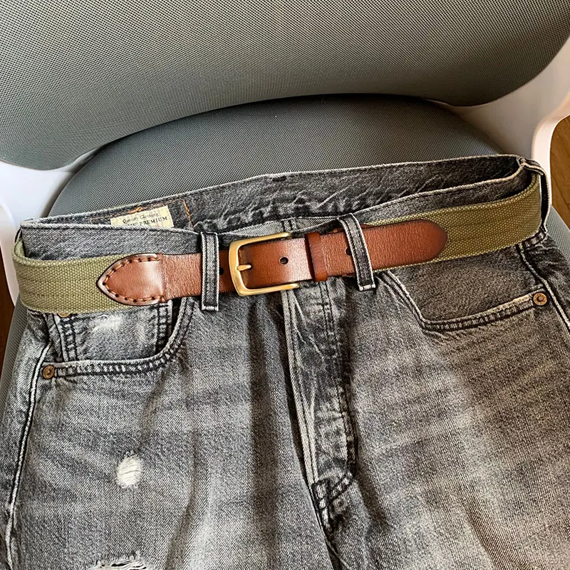 ウォッシュドキャンバスレザーベルトメンズウエストシェイピングデザインベルト本革レトロ銅バックルジーンズベルト若者中年