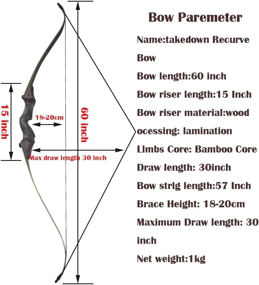 60 Inch Takedown Recurve Bow Draw Weight 25-65lbs Traditional Wood Longbow with Bamboo Core Limbs Right Left Hand