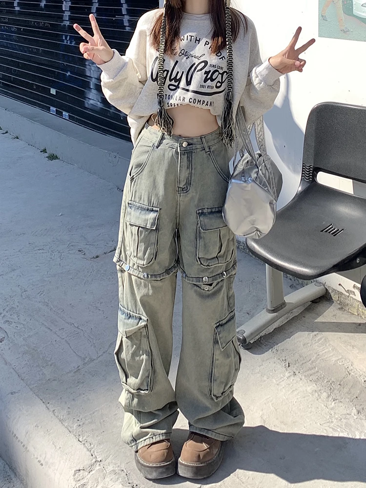 

WCFCX STUDIO Women's Multi Pocket Vintage Cargo Pants High Waist Wide Leg Denim Pants Y2K Harajuku Street Hip Hop Trendy Jeans