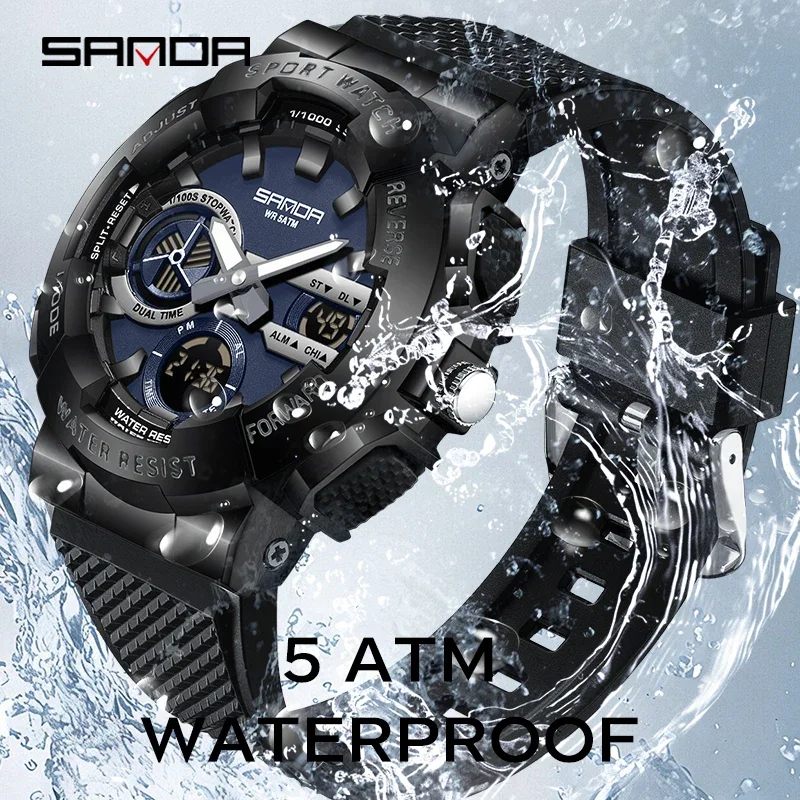 SANDA 3365 ساعة عسكرية للرجال عرض مزدوج ساعة توقيت رياضية رجل مقاوم للماء ساعة اليد الإلكترونية ساعة تنبيه ساعات كوارتز