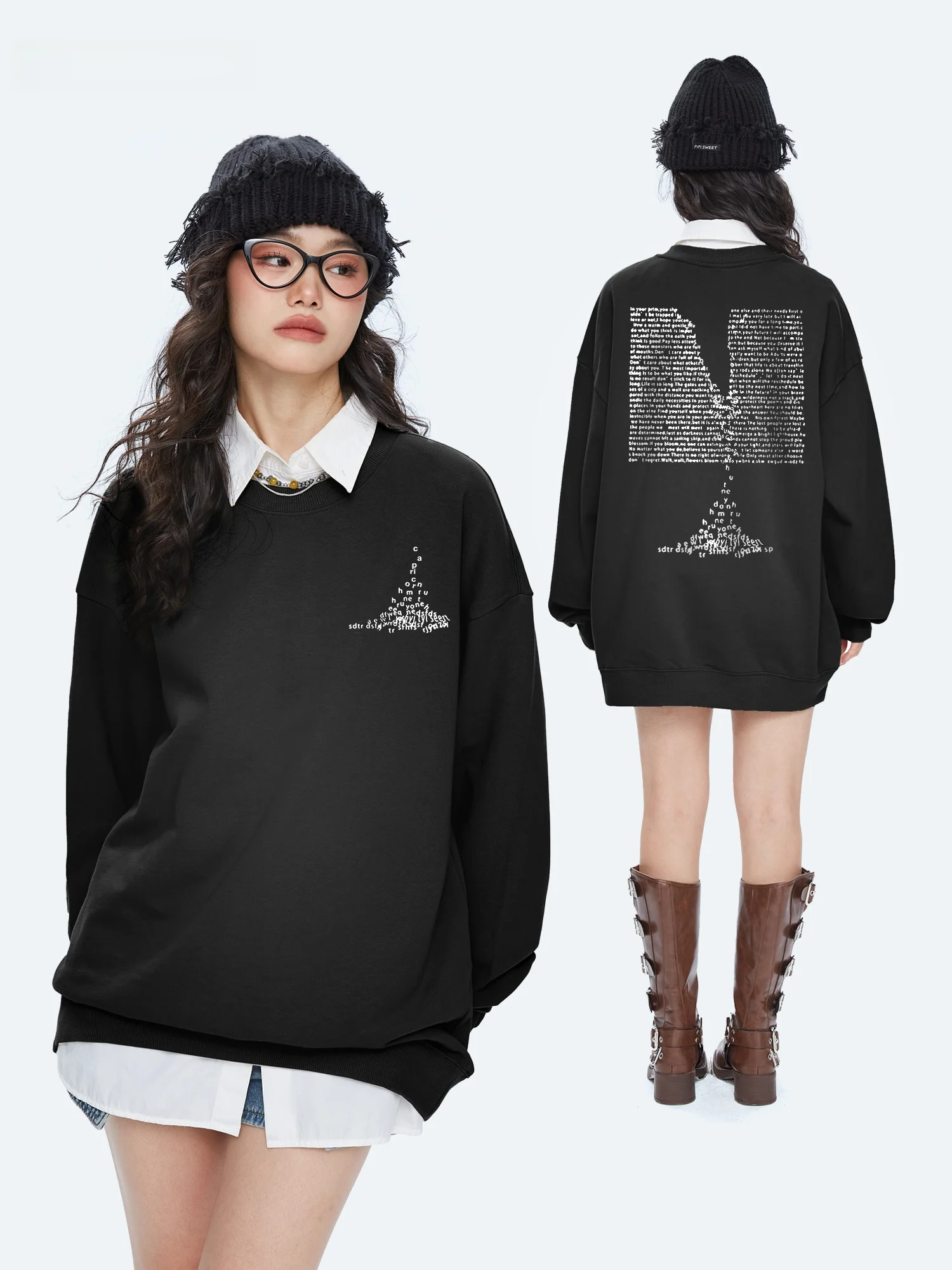 Capricorn American Abstract Letter round Neck Fleece Women's Sweatshirt Loose Outerwear Cotton Polyester Blend Long Sleeve