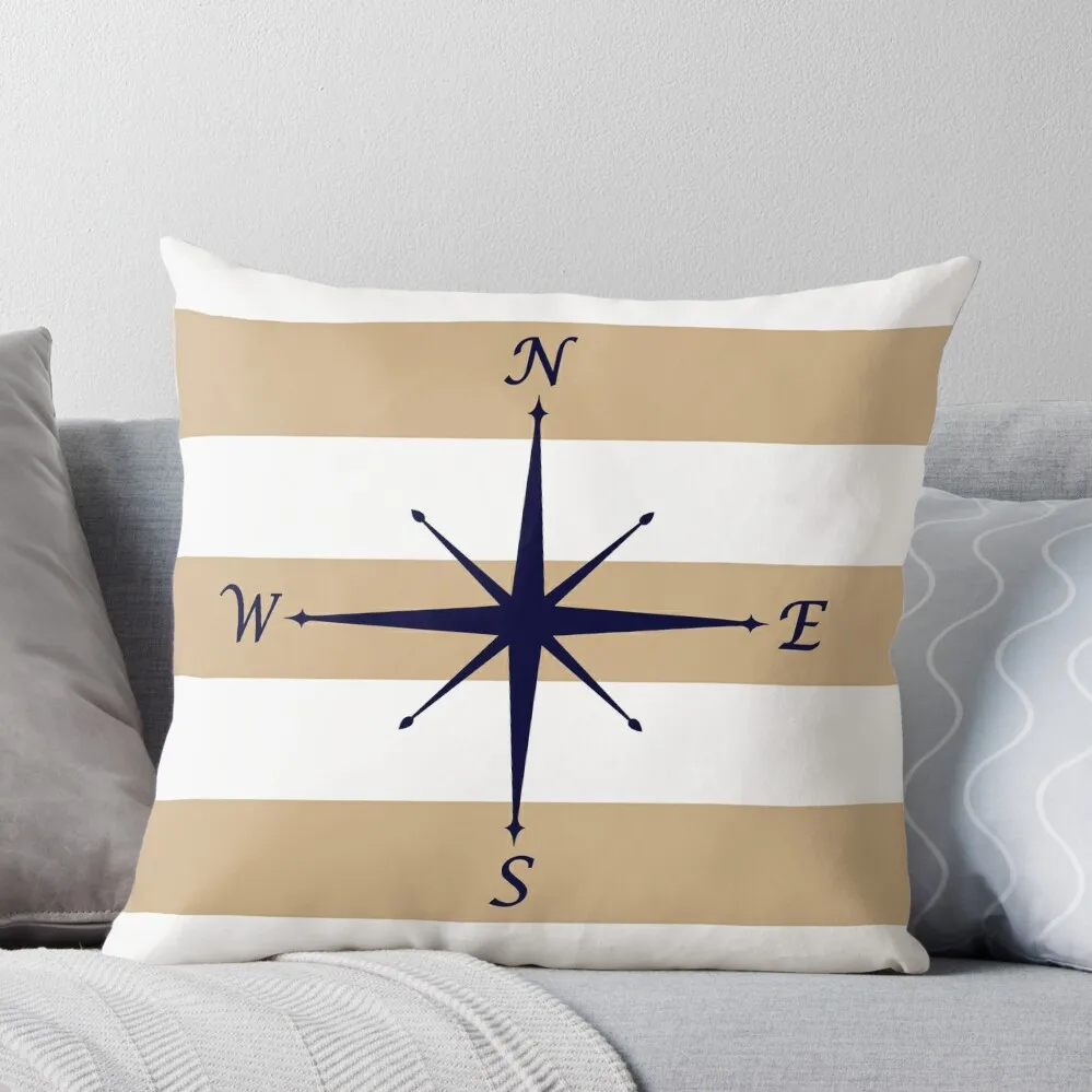 

Nautical Navy Blue Compass On Tropical Tan and White Stripes Throw Pillow Christmas Pillow Cases Pillow Case Christmas