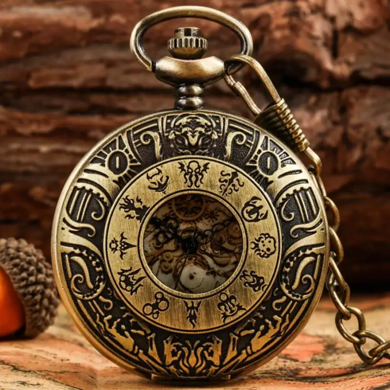 Retro Hollow Gear szkielet 3D rzeźba projektant antyczny brąz zegarek kieszonkowy wzór Dial Alloy zegar łańcuch biżuteria gruba talia