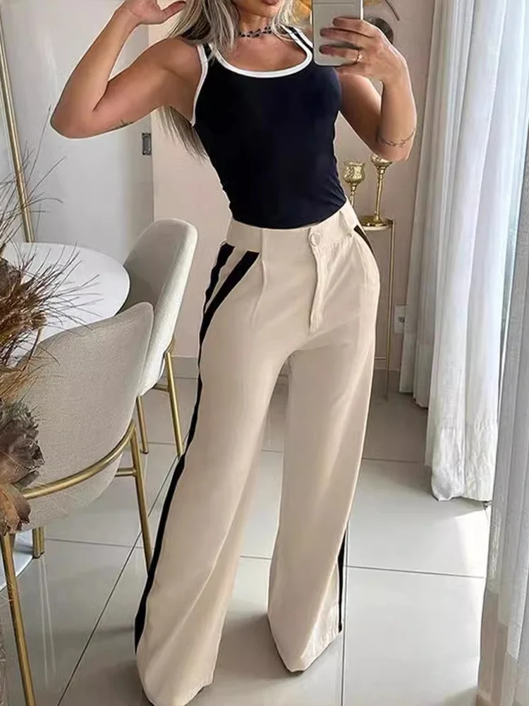 Casual Two Piece Sets Women Outfit Fashion 2024 Spring Contrast Binding Sleeveless Tank Top & Striped Pants Set Female Suits