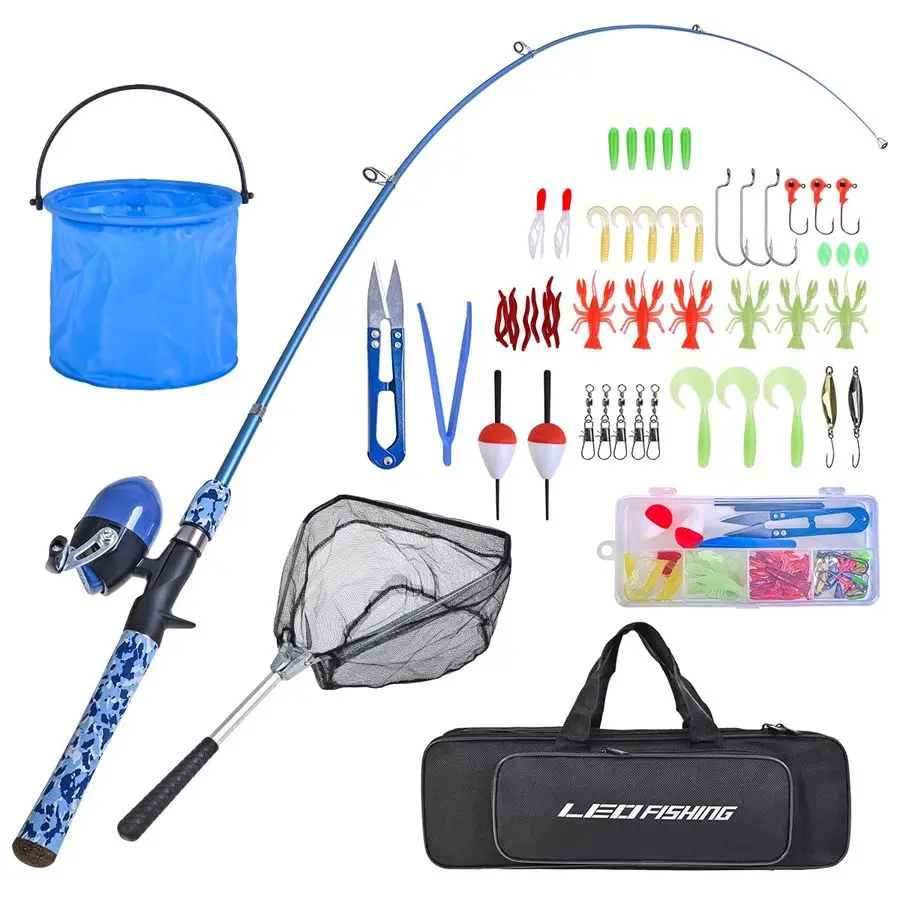 

Kids Fishing Pole Set with Full Starter Kits Portable Telescopic Fishing Rod and Spincast Reel with a Fishing Net and Bucket for