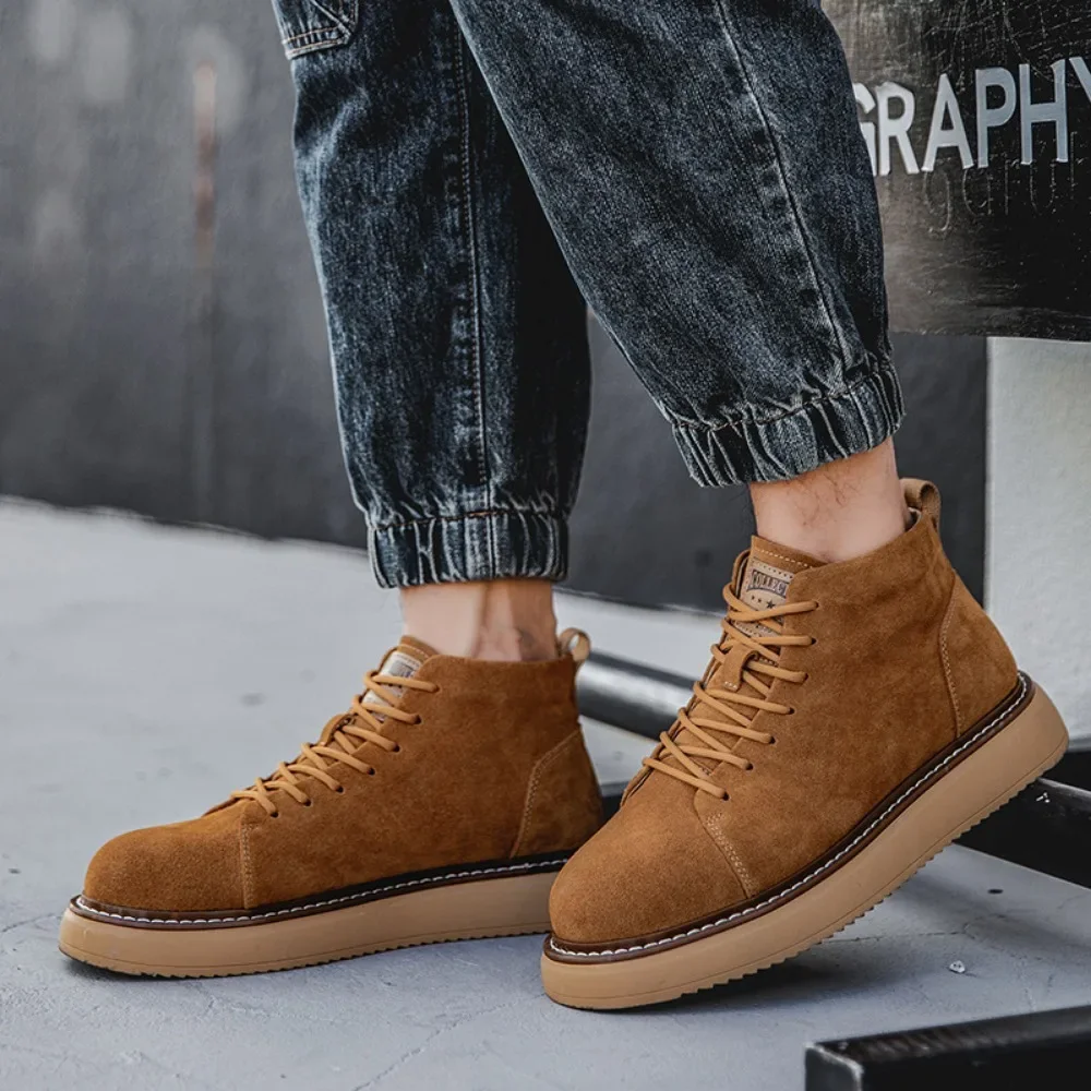 Genuine Leather Men\'s Shoes Thick Soled Casual Shoes Retro Ankle Boots Men Versatile Work Clothes Short Boots Shoes for Men