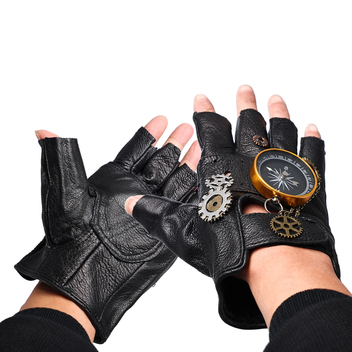 Steampunk PU Leather Fingerless Compass Gloves Men Women Fashion Hip Hop Punk Gloves Half Finger Gloves