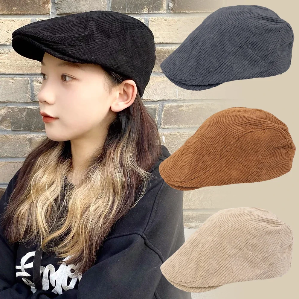 Fashion Corduroy  Caps Autumn Winter Beret Horn Retro Peaked Cap Forward Hat for Men Women Peaky Blinder Caps Berets