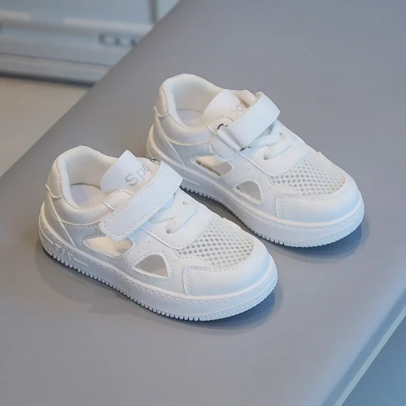 

Children White Shoes 2025 Summer Boys Sport Sneaker Mesh Breathable Board Shoe Girls Hollow Casual Sneakers Soft Sole Kids Shoes