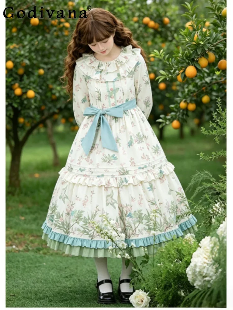 

Large Size Elegant Lolita Girl Sweet Print Daily Dress Spring Fashion High Waist Long Sleeve Peter Pan Collar Ruffles Dresses