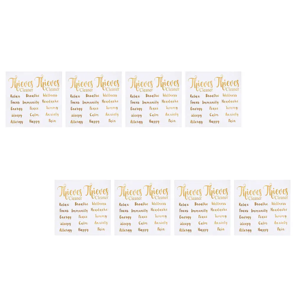 

8 листов стильных этикеток для бутылок с эфирными маслами с золотыми буквами, легко снимаемые, многоразовые, водонепроницаемые, самоклеящиеся наклейки для