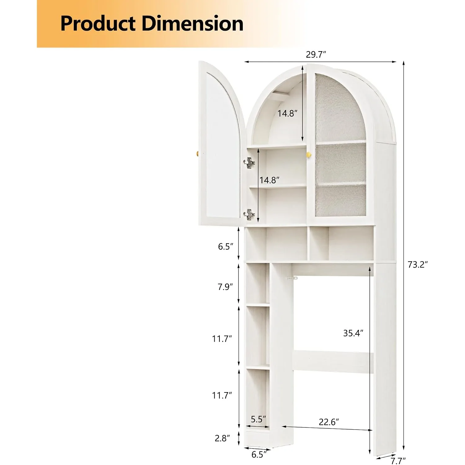 Over The Toilet Storage Cabinet, 29.7”W Modern Storage Cabinet Over Toilet with Acrylic Doors, Arched Freestanding Over Toilet Rack with Adjustable Shelf for Bathroom, White