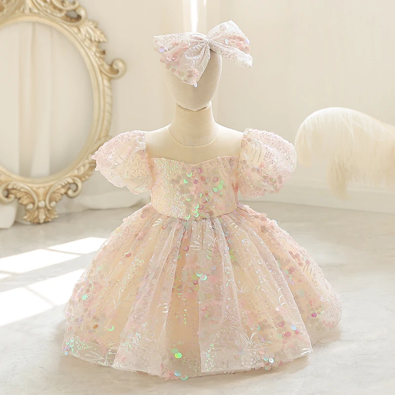 Little child Dress Handmade Sequin mesh pommel dress sweet and cute flower child bubble sleeve short style dinner dress 1309