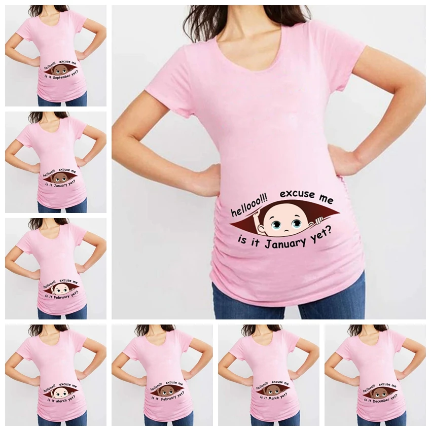 

Summer January to December Peeking at Baby Print Women Maternity Clothes Pregnant Short Sleeve T Shirt Funny Pregnancy Tops Tees