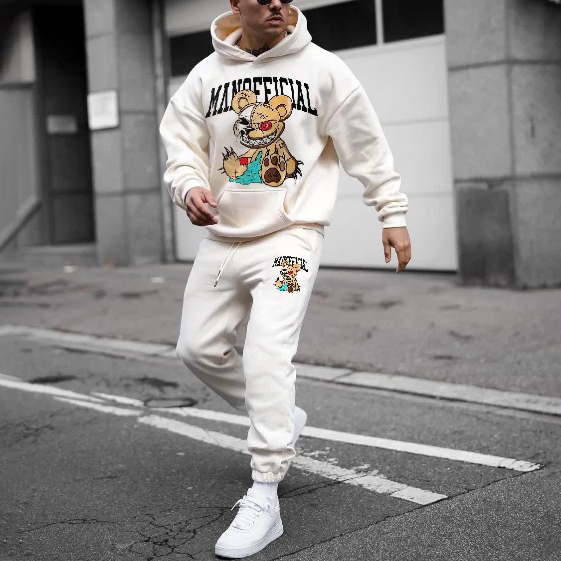 

New Trend Violence Bear Print Flower Hoodie Cover Men's Hoodie Pants Two Sets