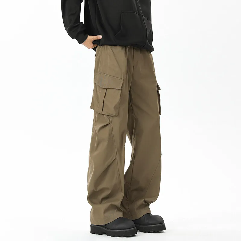 

American Style Men Cargo Pants Wrinkled Trouser Legs Long Straight Multiple Pockets Solid Loose Hip Hop Skateboard Biker Bottoms