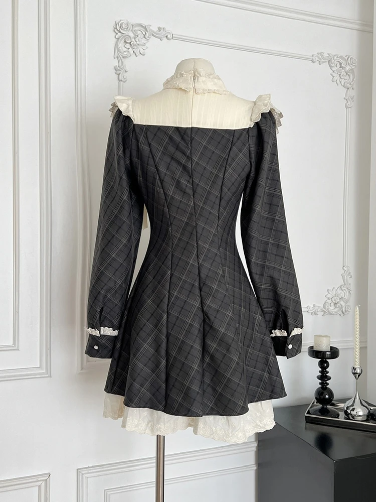 Französisch stil retro karierten spitze rand geraffte taille abnehmen temperament kleid frauen herbst neue elegante süße kurzen rock