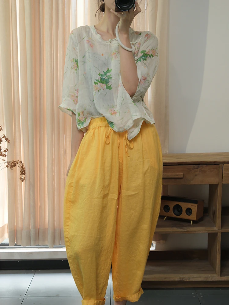 

Loose Fit Large Size Linen irt Women's mid Sve Batwing Sve Floral Print Button up Casual Top Summer Faion